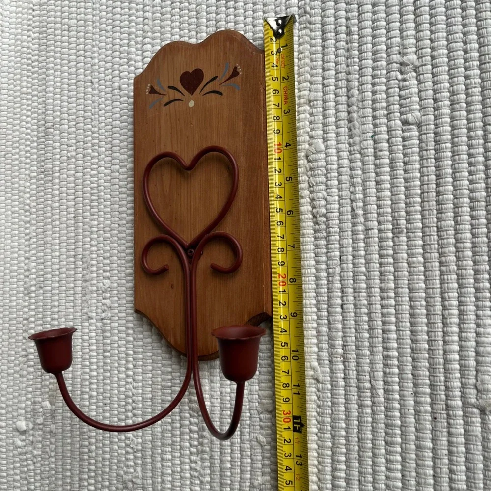 Vintage Folk Art Wood and Metal Heart Wall Sconce Candle Holder Rustic Red